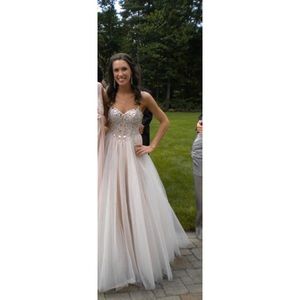 Champagne Jeweled Corset and Tulle Prom Dress